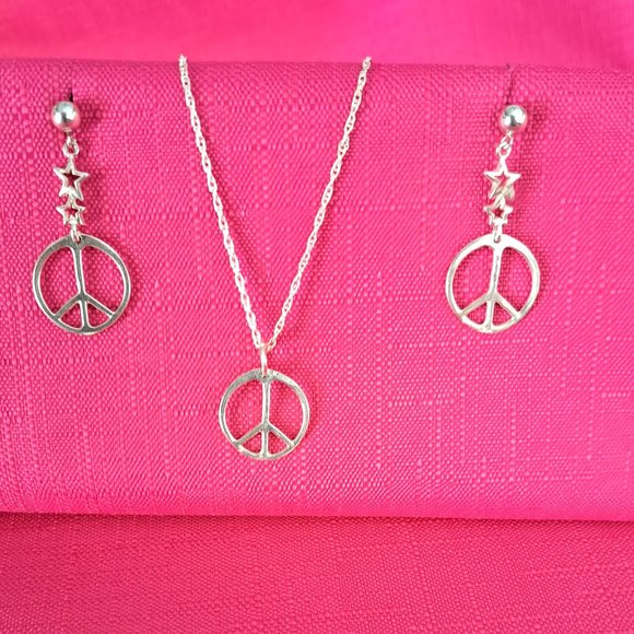 Set Collana E Orecchini Peace Sign Stile Hippie Anni 60-70 - Gioielli Vintage In Argento Per Donne E Uomini - Foto 7